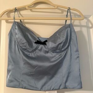 Tiger must dusty blue top with black velvet bow